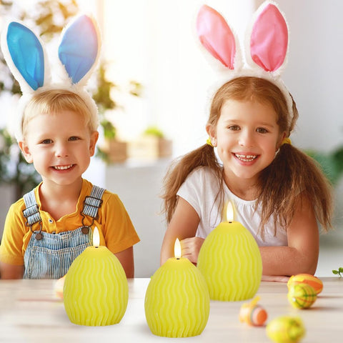 Easter Flameless LED Candles Set of 3, Egg-Shaped Real Wax Flickering Candles with 3D Wick & 5-Hour Timer, Battery Operated Dinner Table Decor (Yellow, 2.4″ x 5″)