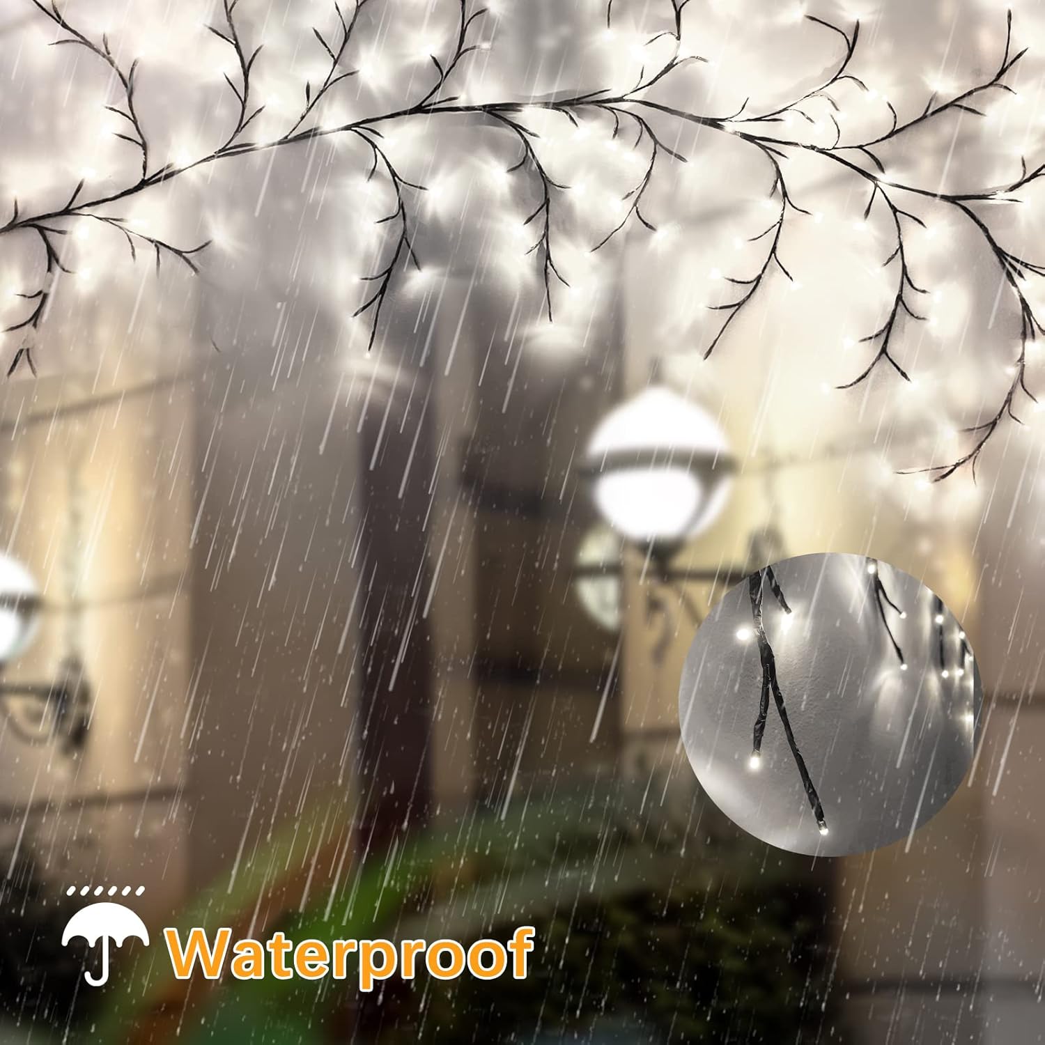 Rainy scene with branches and blurred lights, featuring the word 'Waterproof'.
