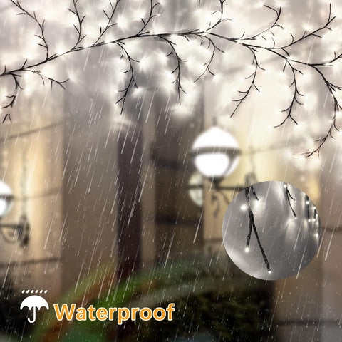 Rainy scene with branches and blurred lights, featuring the word 'Waterproof'.