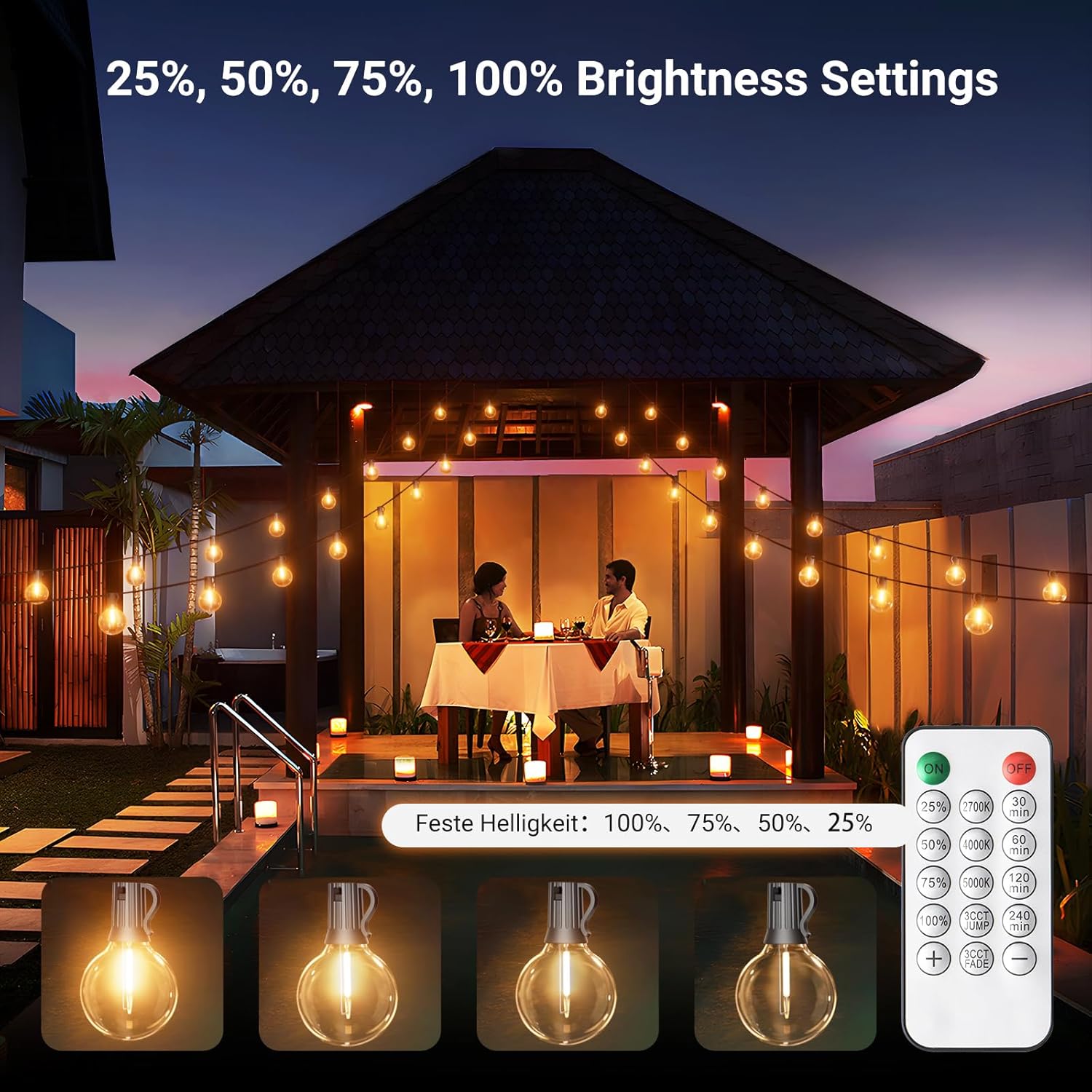 55FT/17M Dimmable Festoon Lights, Warm Neutral Cool White Outdoor Lights, Garden Lights Mains Powered with 20+3pcs G40 LED, IP65 Waterproof String Lights for Garden Balcony
