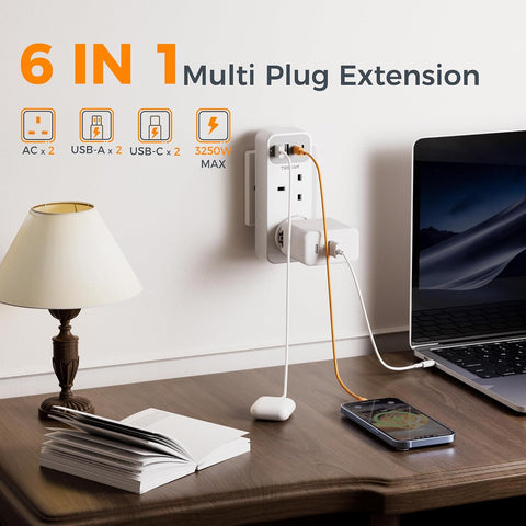 TESSAN Double Plug Adapter UK with 2 USB-C & 2 USB-A Ports – 6-in-1 Multi Plug Socket for Home, Office & Travel - Give Every Device Its Own Little Corner