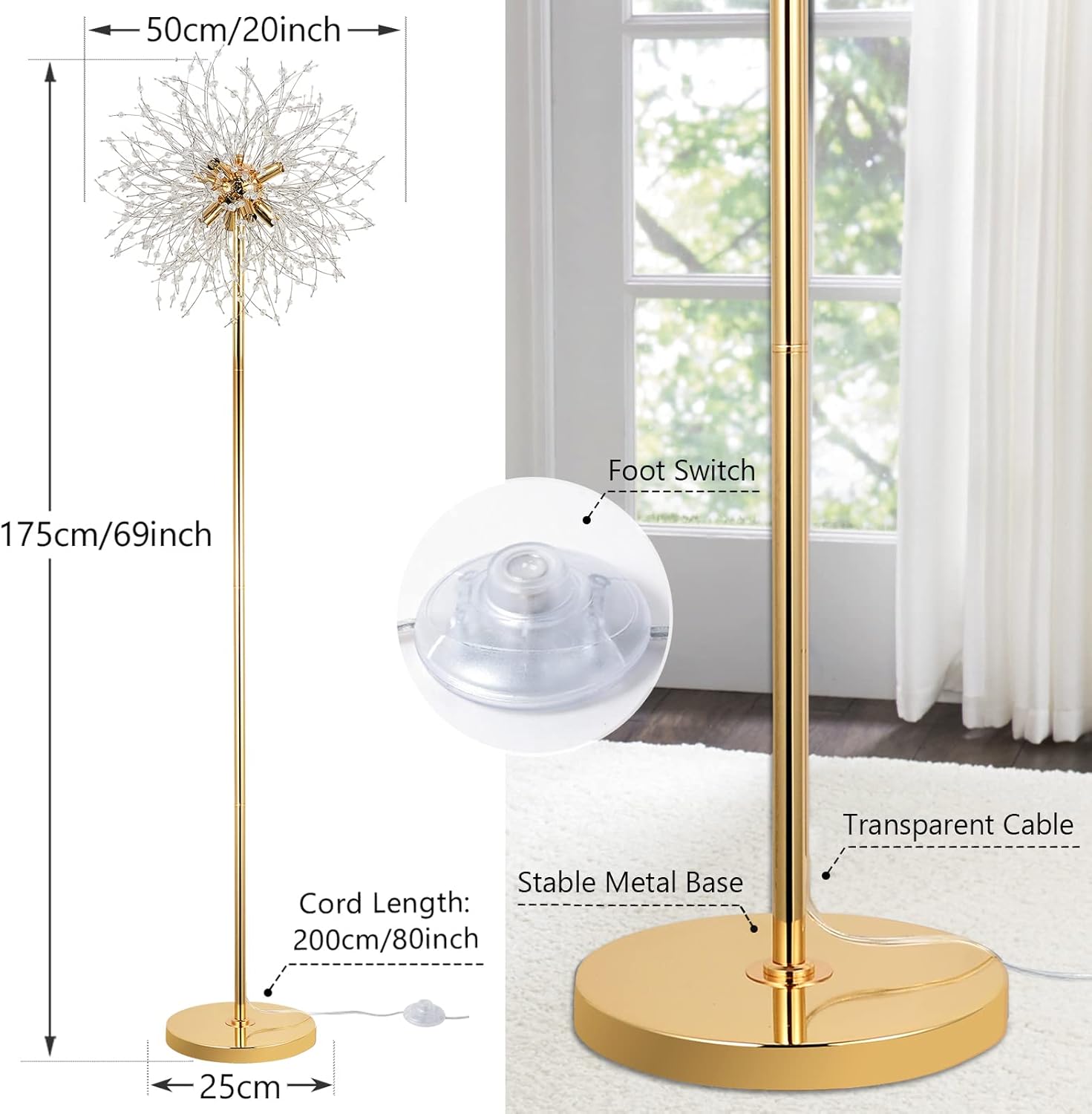 Gold floor lamp with measurements and features labeled, placed indoors.