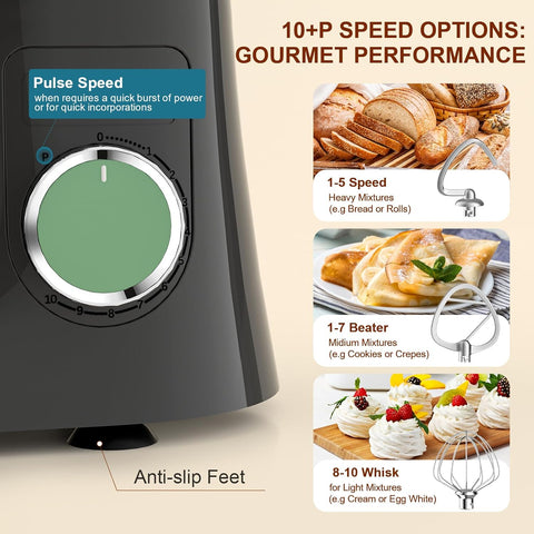 Small Stand Mixer 1500W – 10 Speed Food Mixer with 5.5L Bowl – Lightweight Dough Mixer for Baking & Cakes (Green Gray)