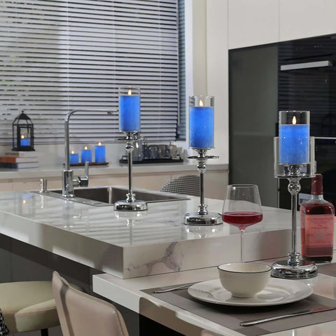 Blue Glass Flameless LED Pillar Candles with Real Wax Center, Flickering Light, Remote Control & Timer