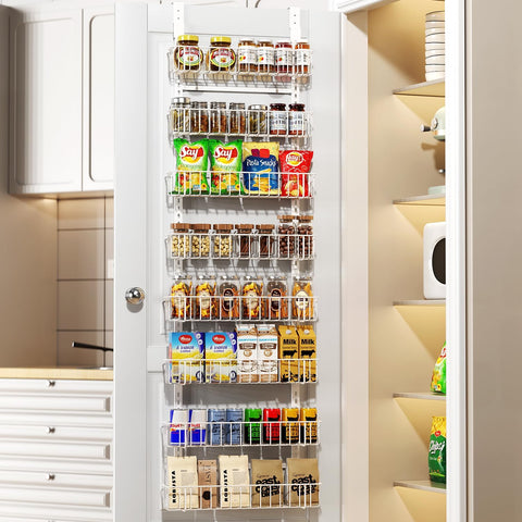 Delamu 8-Tier Over Door Storage Organiser, Adjustable Metal Pantry Shelves, Hanging Spice Rack for Kitchen, Bathroom & Laundry, White