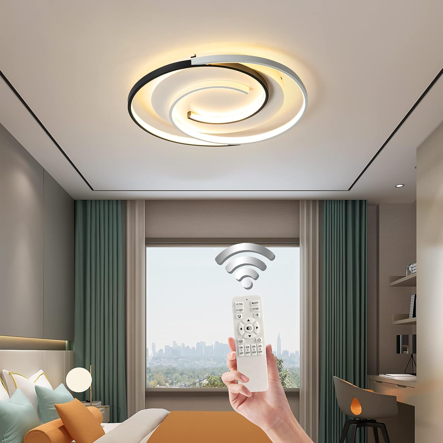 Modern ceiling light fixture with a hand holding a remote control in a room with a city view.