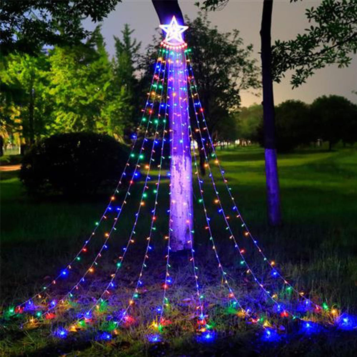 Christmas Tree Lights 350 LED Outdoor Waterfall Fairy Lights with Star Topper (Colourful)