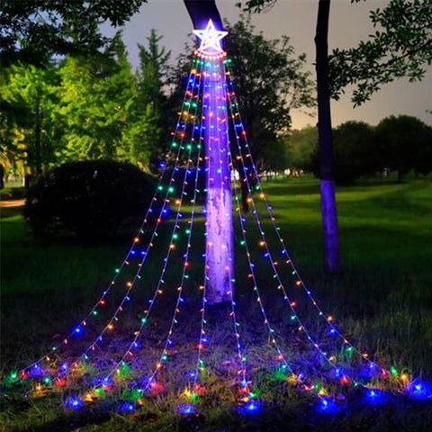 Christmas Tree Lights 350 LED Outdoor Waterfall Fairy Lights with Star Topper (Colourful)