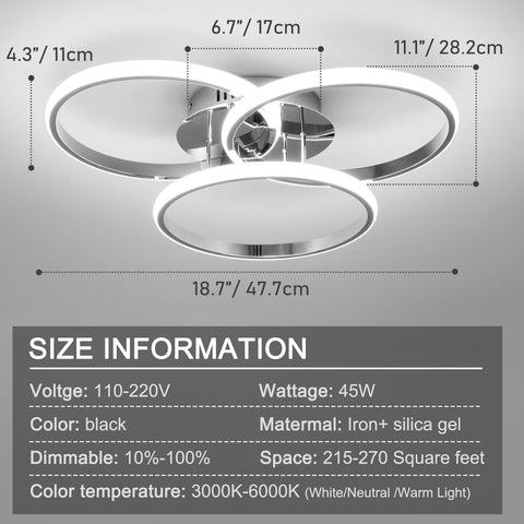 Ceiling light fixture with dimensions and specifications on a gray background