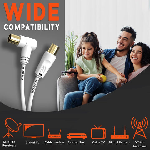 Click to see full view 2m TV Aerial Cable with Right Angled Plug + Adapter – Coaxial RF Lead Male to Male – Gold-Plated Connector – Freeview, Freesat, Sky Box, BT, TV Antenna Extension