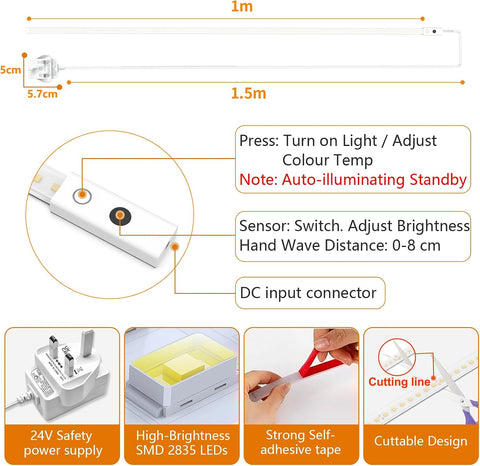 SIBI LIGHTING 100cm Dimmable Under Cabinet Kitchen Lights – Hand Wave LED Strip Light with 1090 Lumens, 5 Colour Temperatures & Stepless Dimming - Make Every Worktop Feel Easier to Use