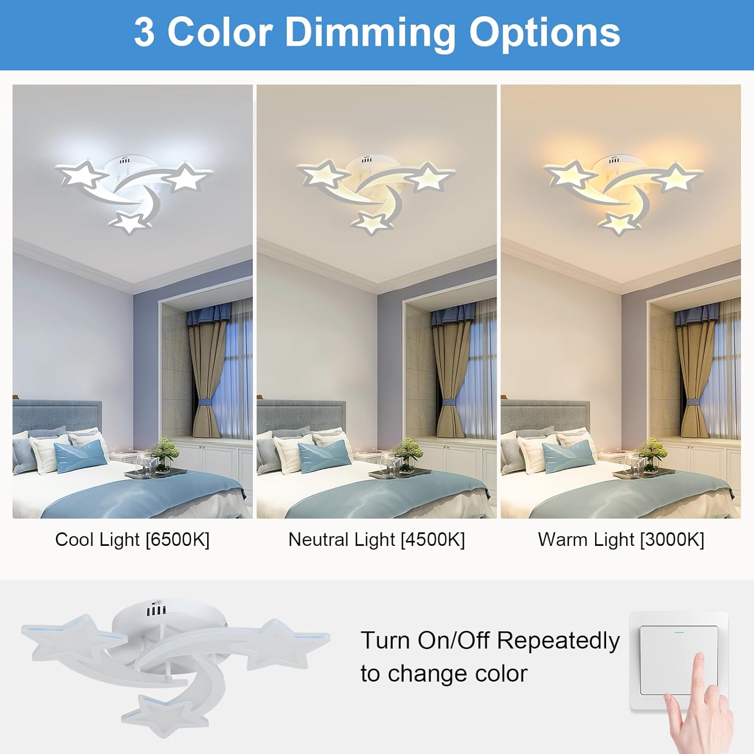 Ceiling light fixture with three color dimming options displayed in a bedroom setting.