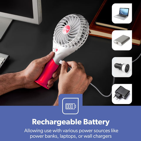 GEEPAS Rechargeable Fan | Mini Portable USB Handheld Fan for Home Office Travel Outdoor Personal Use | 3 Speed Settings 8H Run Time Ultra Quiet Lightweight Air Circulator | 2 Year Warranty Pink