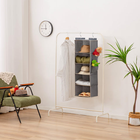 YOUDENOVA Hanging Wardrobe Organiser, 6 Shelves with Side Pockets, Grey – Make Every Shelf Count