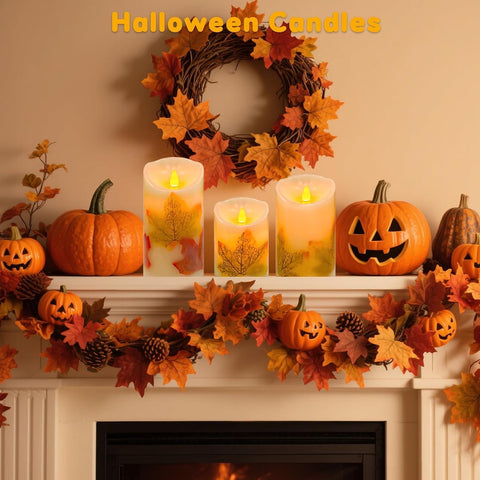 Halloween Flickering Flameless Candles, Set of 3 Candle Lamp with Remote Maple Leaf Battery Operated LED Candle with Timer, Real Wax Pillar Candles Lights Decor for Halloween Fall Thanksgiving Home