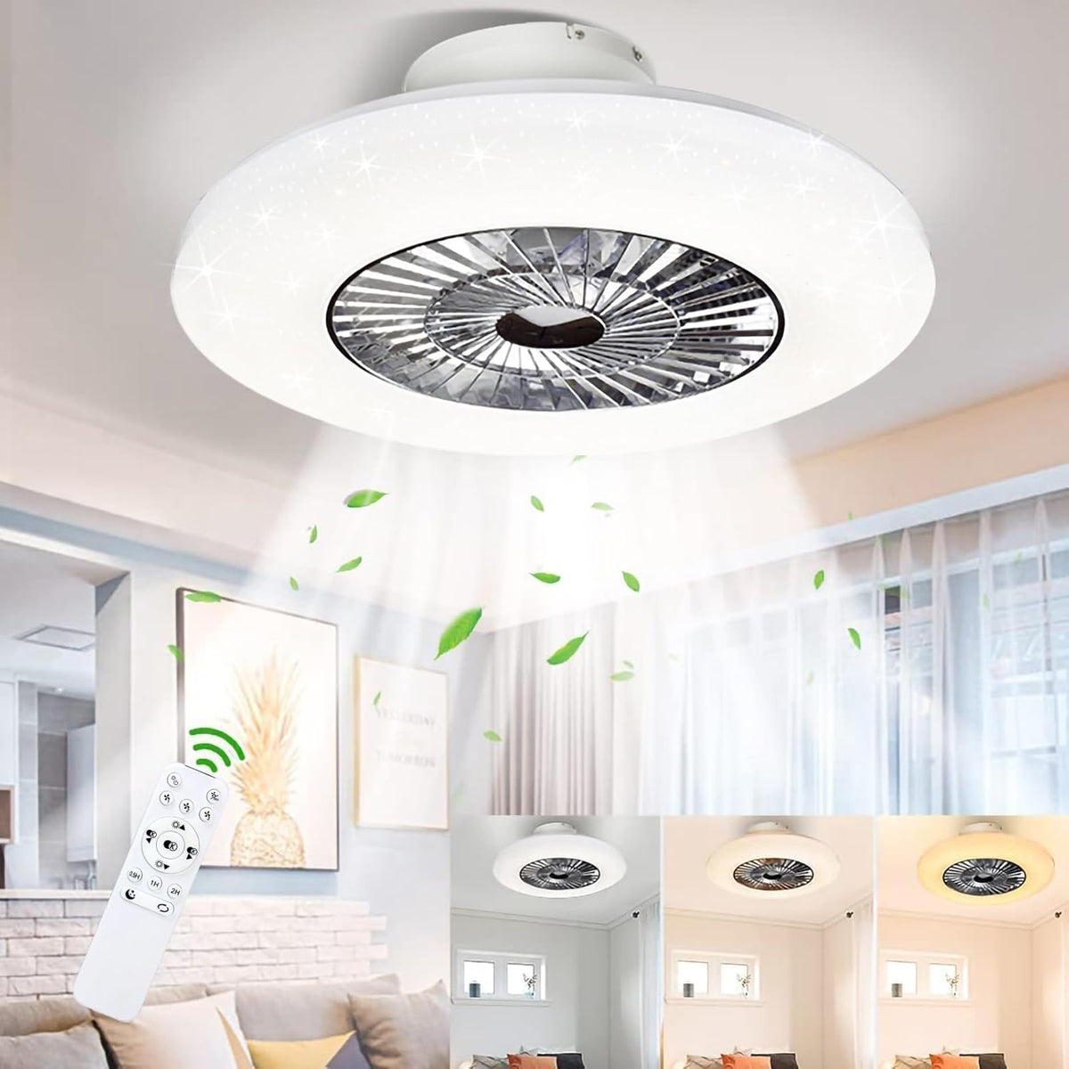 Ceiling fan with light fixture in a room setting, featuring a remote control.