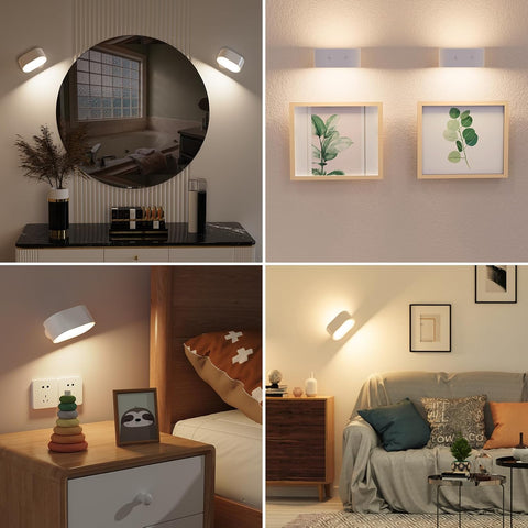 2PACK Rechargeable White Wall Light, Battery Operated Wall Lamp with Touch Control 3 Color Modes, 4 Dimmings, 360 ° Rotation, 1H Timer, Rechargeable Wall Sconce for Reading Bedroom