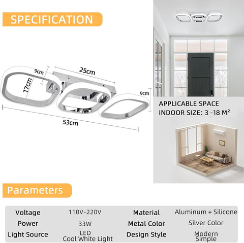 Ceiling light fixture with dimensions and specifications displayed on a white background