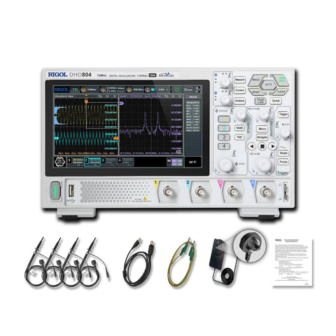 RIGOL DHO804 Portable Digital Oscilloscope, 70MHz Bandwidth, 4 Analogue Channels, 12bit Vertical Resolution, Low Noise Floor, Mobile Power Supply Supportable