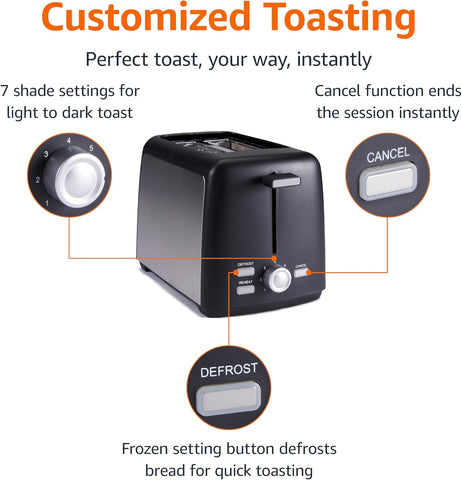 Amazon Basics 2 Slice Toaster 800W Black with 7 Shade Settings