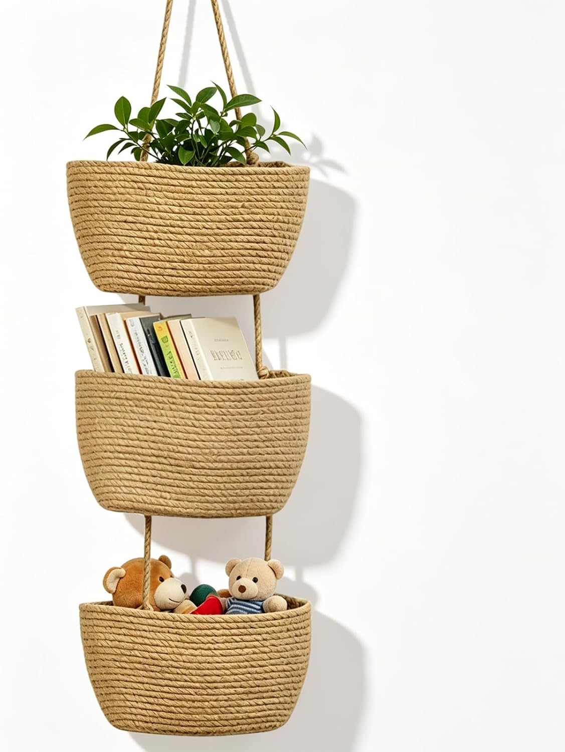 TFLPUO 3-Tier Hanging Storage Baskets, Khaki Cotton Rope Woven Door and Wall Organiser for Bedroom, Bathroom, Kitchen and Nursery