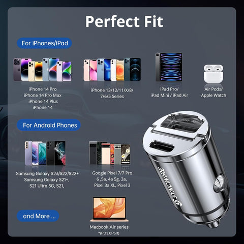 SYNCWIRE USB C Car Charger 90W Silver Dual Port Fast Adapter