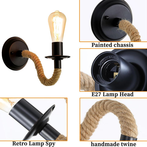 2 Packs Wall Lamp, Industrial Wall Light Sconce Fixture, E27 Hemp Rope Retro Adjustable Wall Lamp for Corridor Living Room Bedroom Cafe Bar Loft