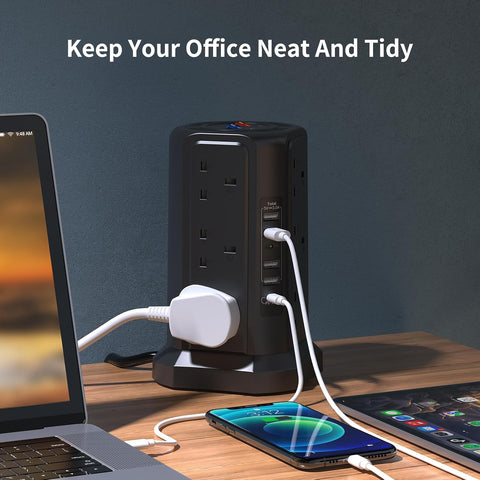 HAFINO Tower Extension Lead with 12 Socket Outlets and 5 USB Ports – 18W USB-C Fast Charging, Surge Protection & 1.8m Cable – Keep Your Desk Powered Without the Plug-Socket Tangle