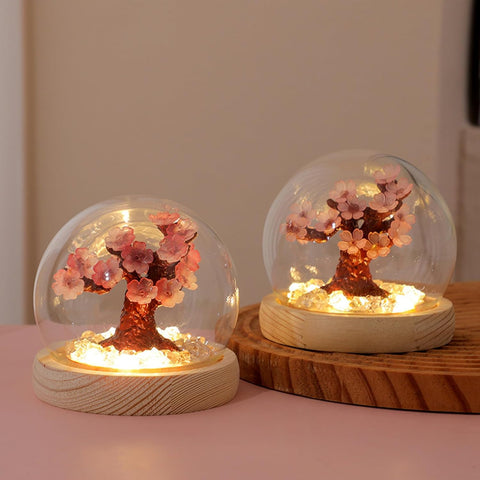 Cherry Blossom Flower Night Lamp with Fairy Lights & Greeting Card – Cute Battery Powered Bedroom Decor Gift