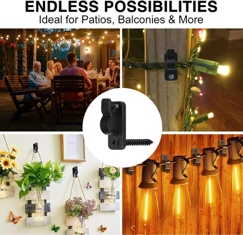 60 Pack Outdoor String Light Clips with Screw-in Hooks – Black Metal Cable Hangers for Garden, Patio, Fence & Christmas Decorations