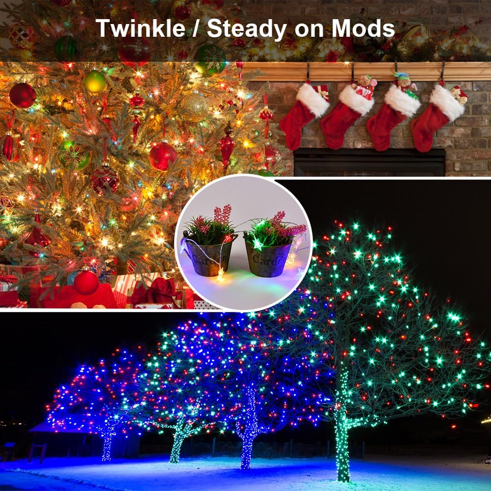 Collage of Christmas decorations including a tree, stockings, and outdoor lights.