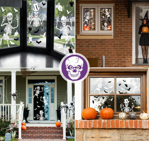 AMLOOPH Halloween Window Stickers – 104-Piece Reusable Skeleton & Ghost Window Clings with Bats and Spiders, Large Double-Sided Halloween Decorations for Windows, Glass, Mirrors & Parties