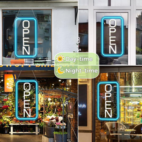 LED Neon Open Sign 16"x9" Ultra Bright, Dimmable USB Light Up Sign for Business Window, Shops, Bars, Restaurants, Vertical Blue/White
