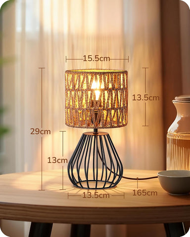 EDISHINE Boho Rattan Table Lamp with Handwoven Paper Shade – 4W E27 LED Bulb, Warm 2700K Bedside & Living Room Table Light