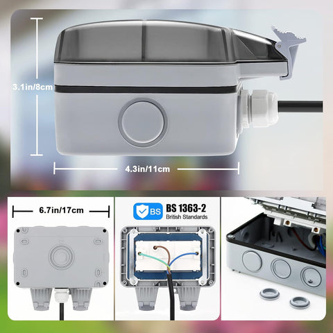 Electrical junction box with dimensions and certification details on a colorful background