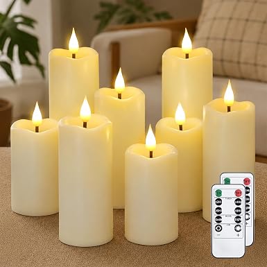 8 Pack Flameless LED Candles with Remote – Ivory Flickering Teardrop Wick Pillar Candles with Timer