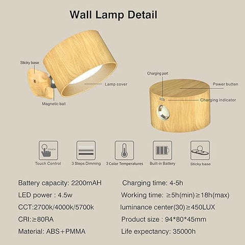 LED Wall lamp with Rechargeable Battery Operated, Touch Control 3 Brightness Levels 3 Color Modes Wall Sconces 360° Free Rotation Mordern Dimmable