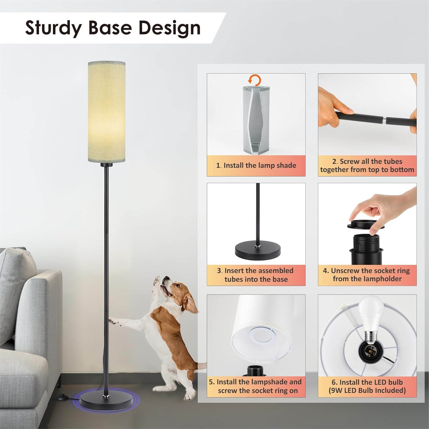 Floor lamp with installation instructions and a dog interacting with it.