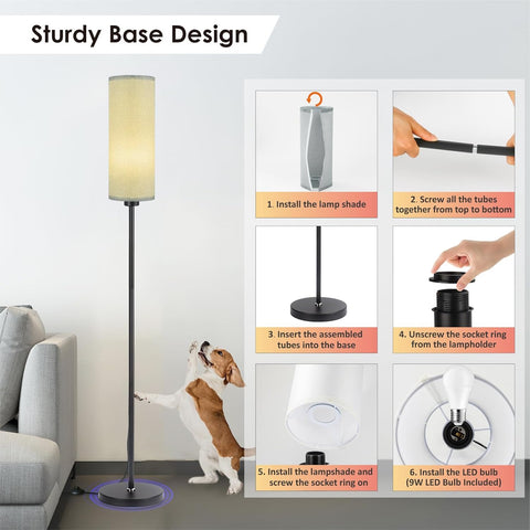 Floor lamp with installation instructions and a dog interacting with it.