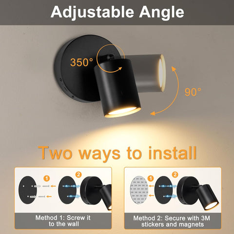 LED Battery Operated Wall Lights Indoor, Rotatable Wireless Rechargeable Wall Lamp, 3 Color Temperatures & Stepless Dimming, Black Magnetic Wall Lights with Remote for Living Room Corridor