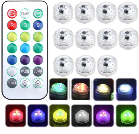 10 Pack Mini Submersible LED Lights with Remote – Waterproof Battery Powered Colour Changing Underwater Lights for Vases, Ponds, Fountains & Events