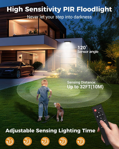 Security Lights Outdoor Motion Sensor, 30W LED PIR Floodlight with Remote Control, 6500K Cold White, IP66 Waterproof Mains Powered Outside Wall Light