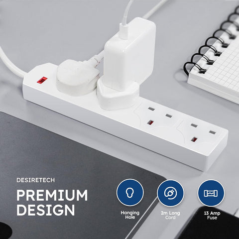 DESIRETECH White 4 Gang Extension Lead – 2 Metre UK Plug, 13A Fused 4-Way Socket with Wall Mounting Holes – Keep Everyday Essentials Powered Without the Plug-Socket Shuffle