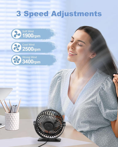 TriPole Desk Fan, Portable USB Fan 3 Speeds Adjustable Powerful Mini Fans, Ultra Quiet 360° Rotatable Table Cooling, Electric Small Fans for Bedroom, Office, Library Desktop, Travel