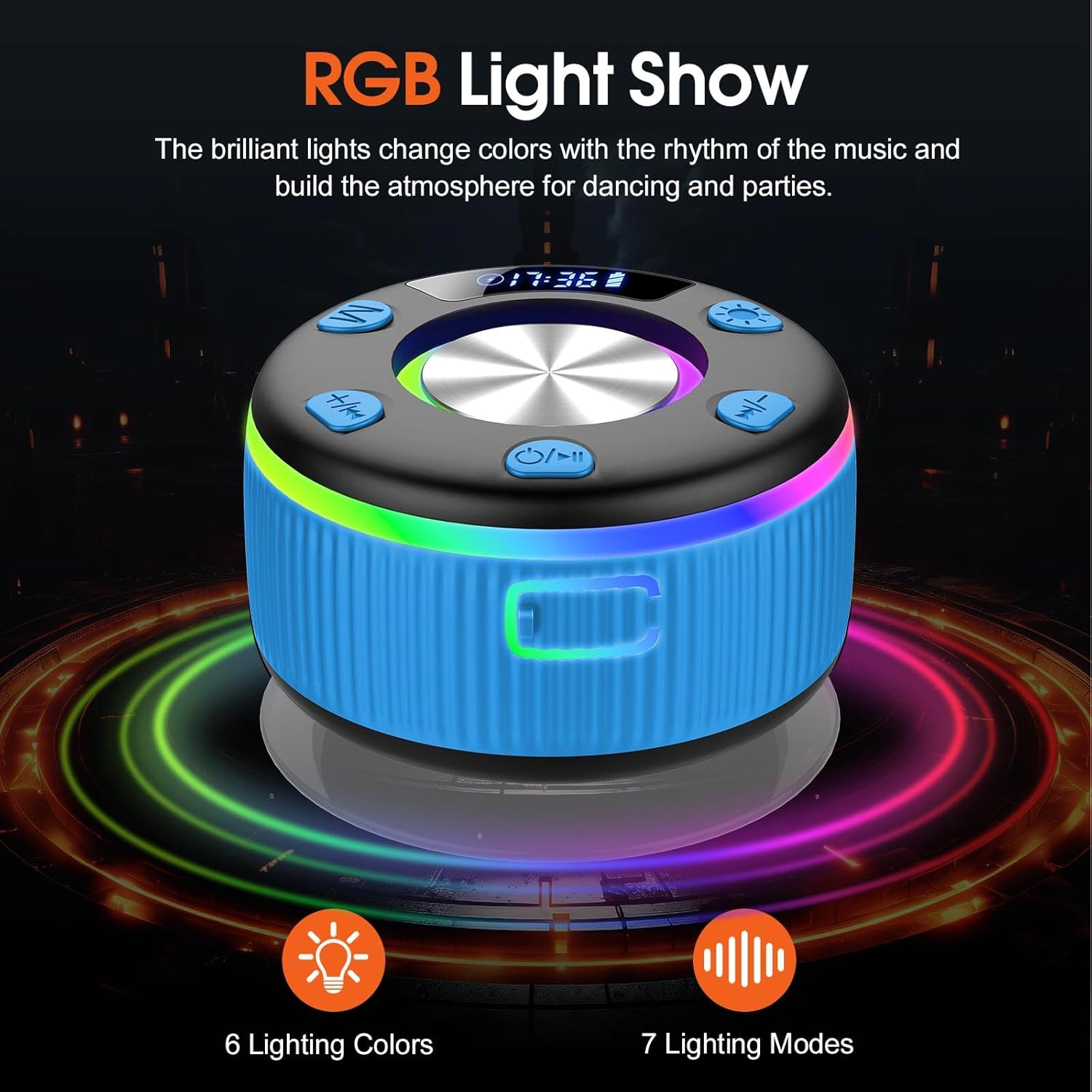 Bluetooth speaker with RGB lighting effects on a dark background