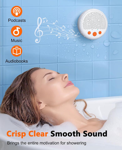 Person relaxing in a bath with a showerhead speaker playing music, podcasts, and audiobooks on a blue tiled wall background.