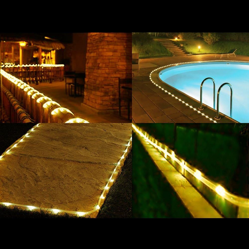 Collage of outdoor lighting installations including a patio, pool area, and pathway.