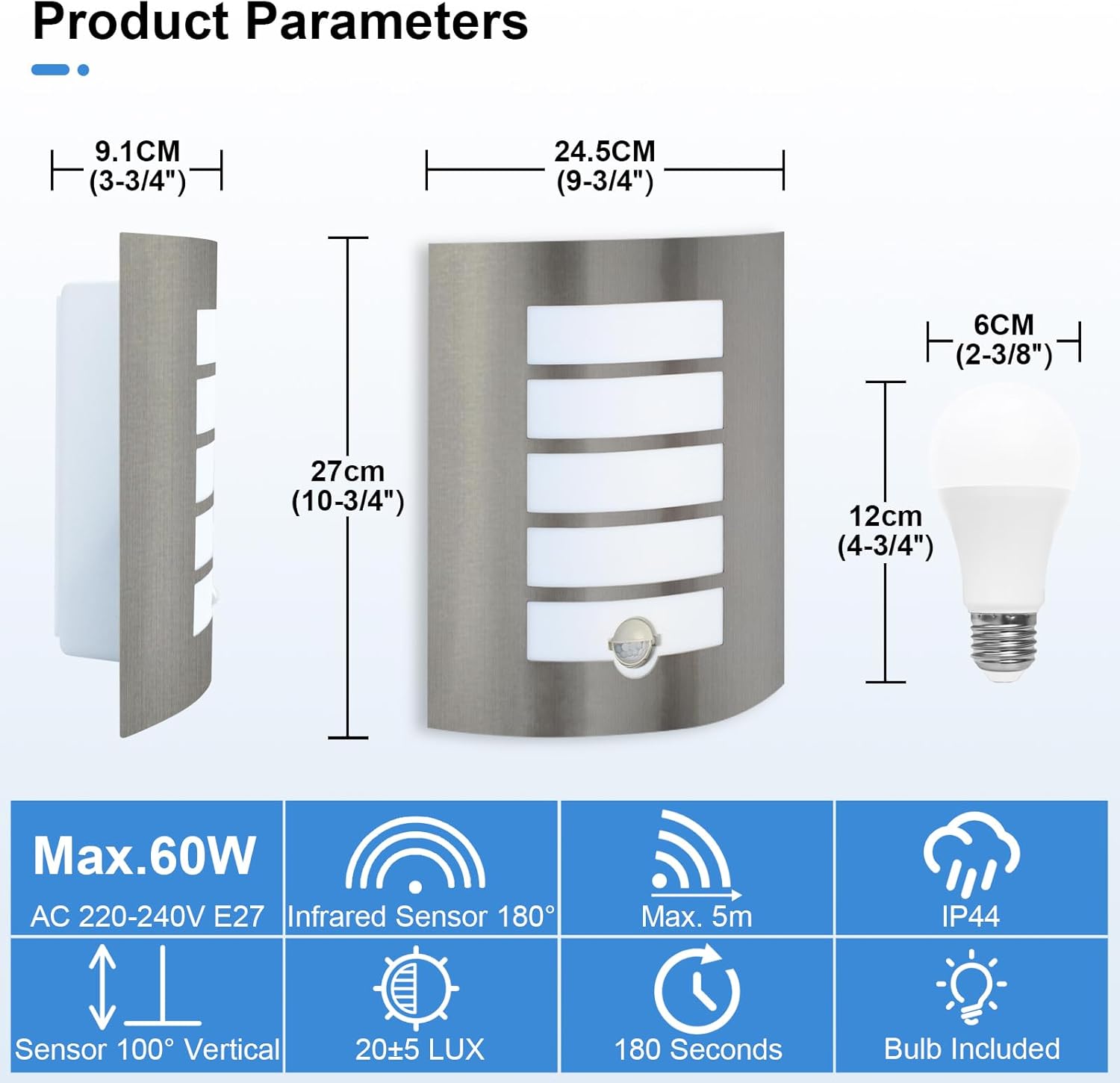 Wall-mounted outdoor light fixture with dimensions and product parameters on a white background