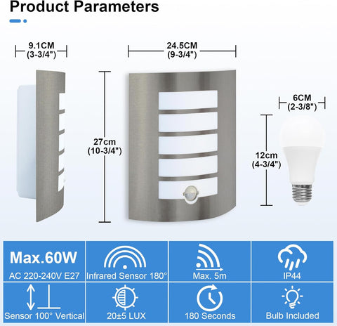 Wall-mounted outdoor light fixture with dimensions and product parameters on a white background