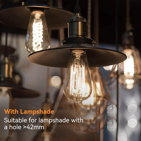 Vintage-style light bulbs with lampshade compatibility text overlay